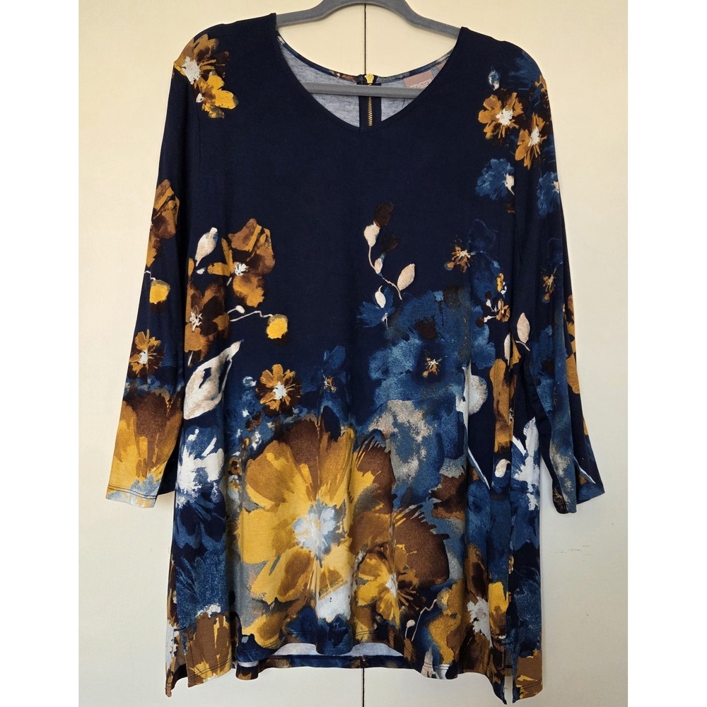 CHICO'S Women's Navy Floral Tunic Sz 3 (XL) Gold Zipper In Back ~EUC ~